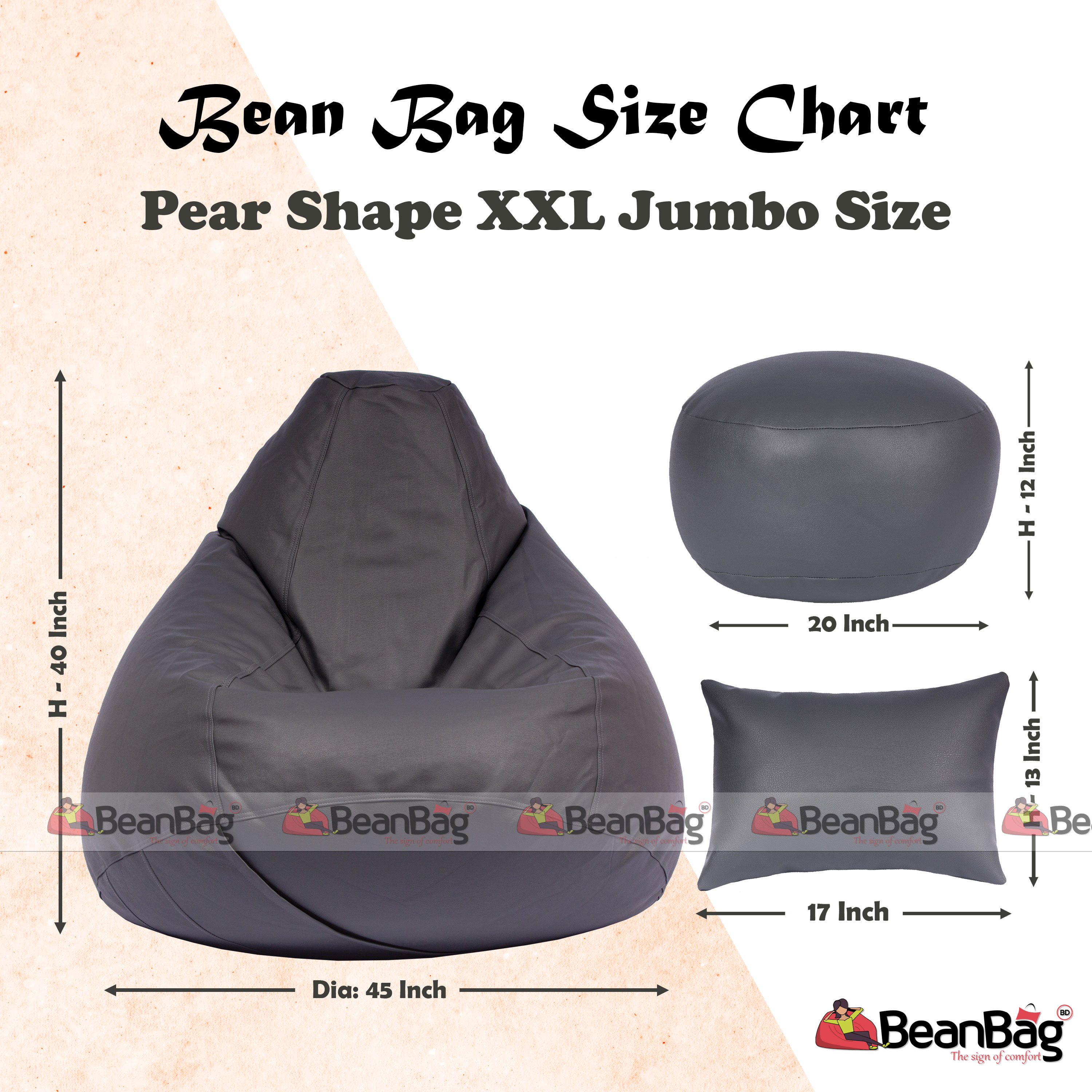 Bean Bag BD-XXL Jumbo Size Pear Shape Bean Bag Full Set_ Bean Bag, Footrest & Pillow_Ash Colour_Premium Quality. 