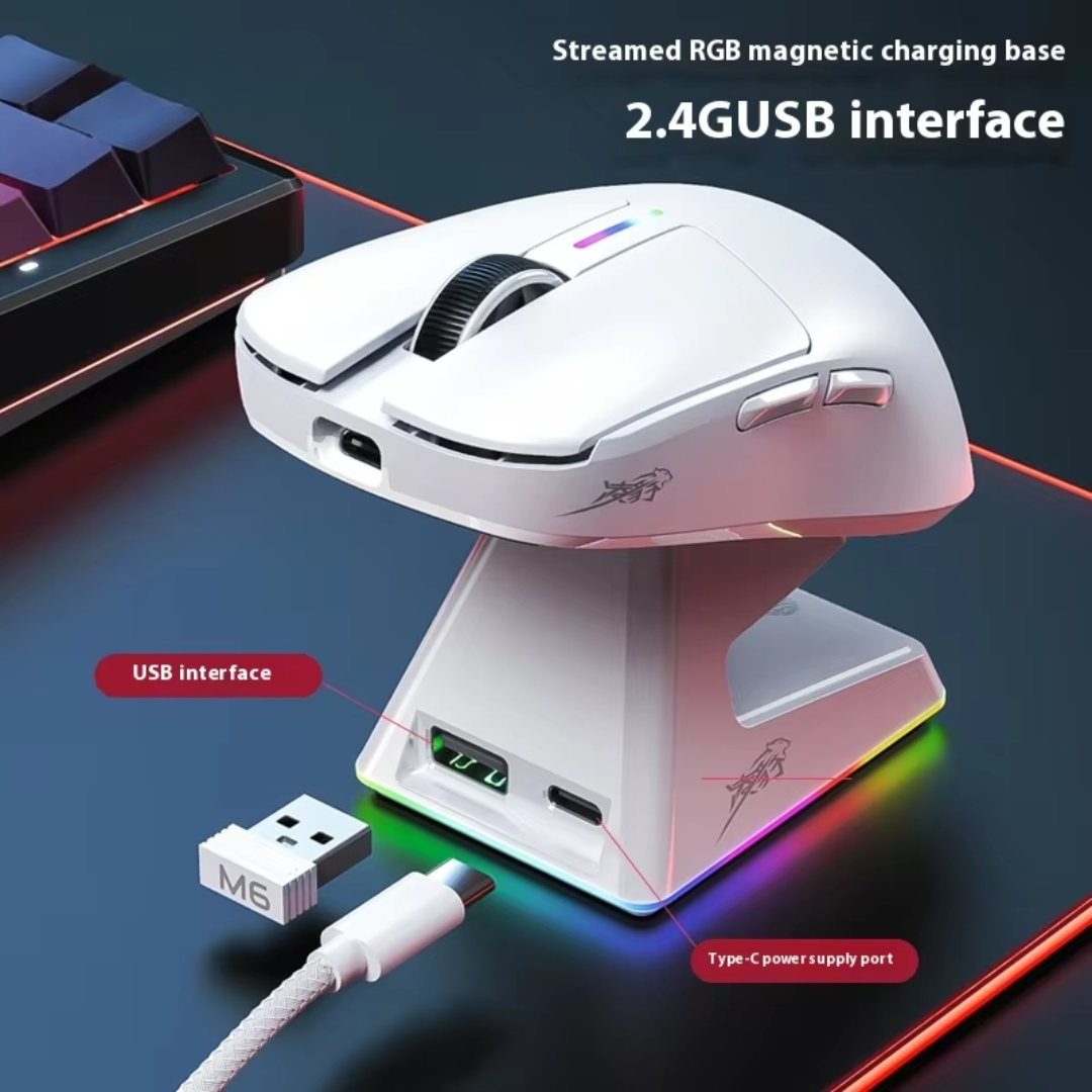 LINGBAO M6 Wireless Tri-Mode Gaming Mouse With Dock Wired Bluetooth Magnetic Rgb Charging Dock Paw3311 Lightweight Gaming Mouse. 