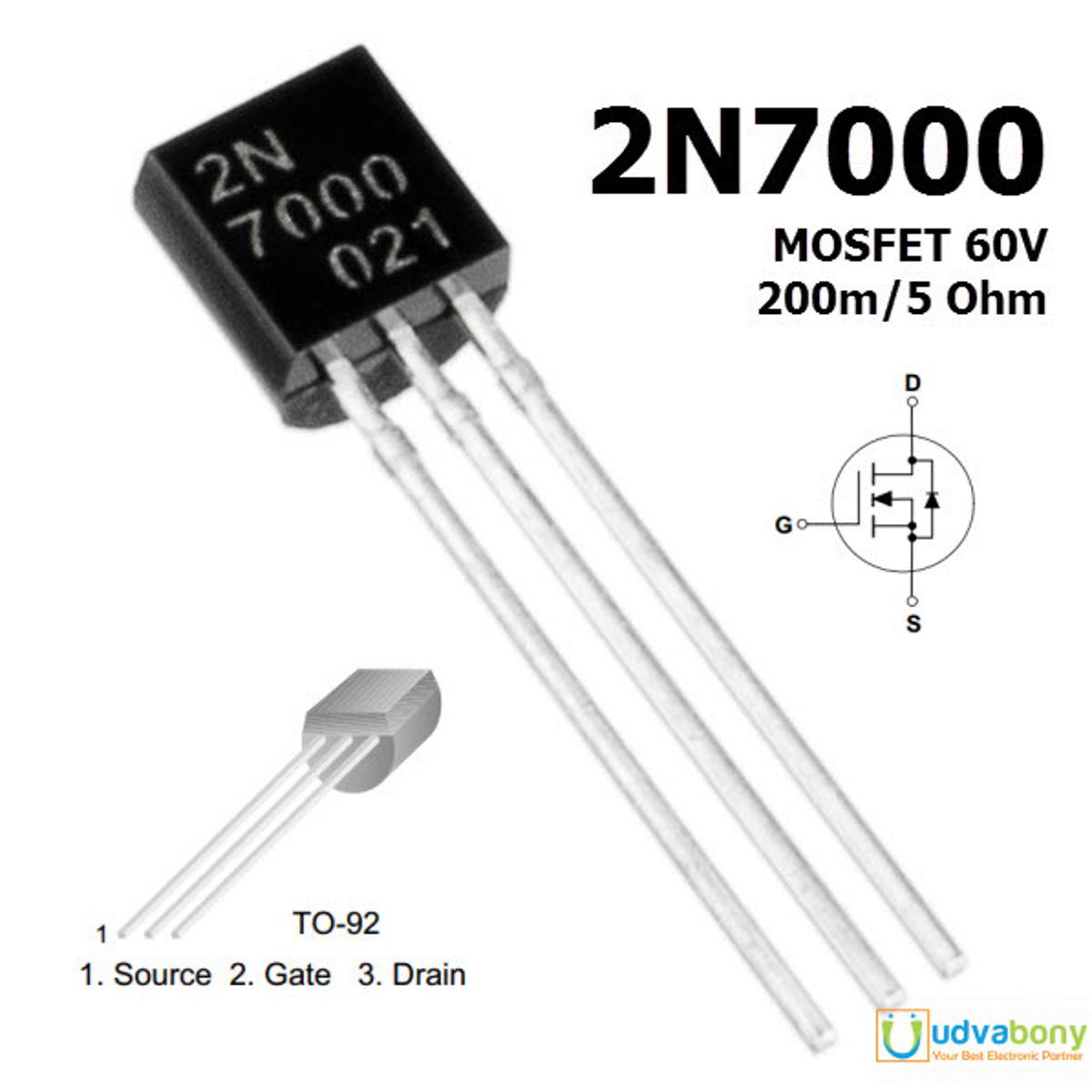 5Pcs-2N7000 2N-7000 7000 MOSFET 60V 200mA N-Channel Mode Field Effect Transistor Semiconductor MOSFET  TO-92 Package 3 Pin Electrical Circuitry & Parts