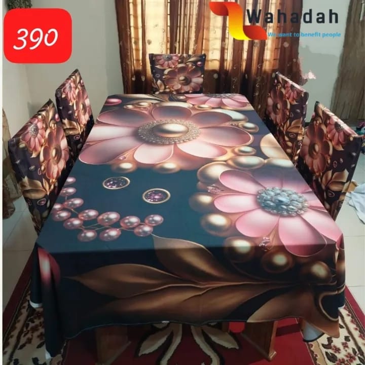 3d প্রিন্ট ডাইনিং টেবিল ক্লথ রানার এবং 06 পিস চেয়ার কভার সম্পূর্ণ সেট বিভিন্ন রঙের. 