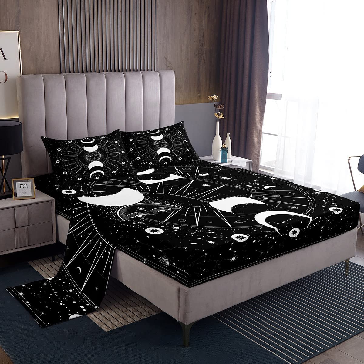 Sun and Moon Sheet Set Full King Size,Stars Moon Bedding Set Pink Blue Pastel Tie Dye Fitted Sheet Constellations Bed Sheets Set. 