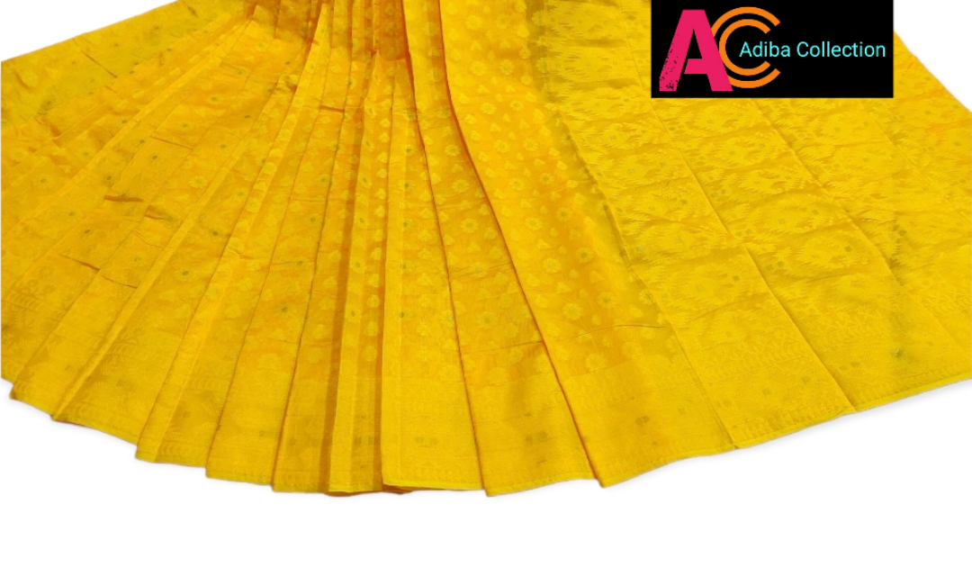 Half Silk Jamdani Saree for Women - Yellow - 12 hat - Perfect For All Seasons and Occasions