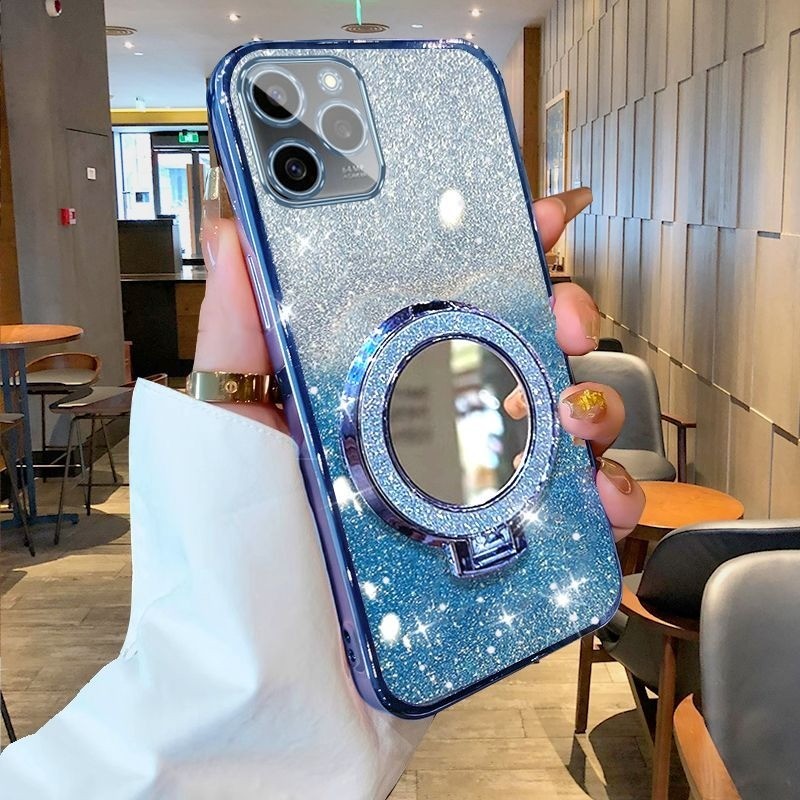 New Phone case Tecno Spark Go 2024 Spark Go 2023 Spark Go 2022 Spark Go 2020 Back cover with Makeup Mirror Holder Stand Luxury Shiny Gradient Plating Glitter Slim Phone cases Transparent Soft Silicone Protective Pouch Women Girls. 