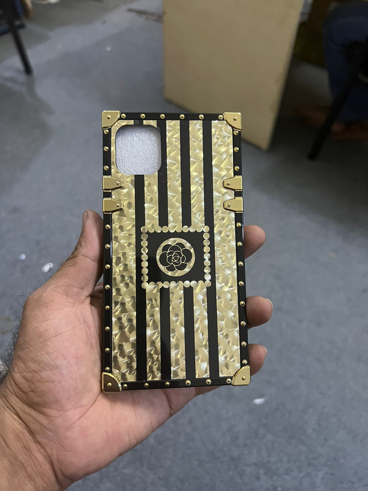 iPhone 12 pro max Luxury soft phone case with golden ghost flower ring for iPhone, compatible models. 