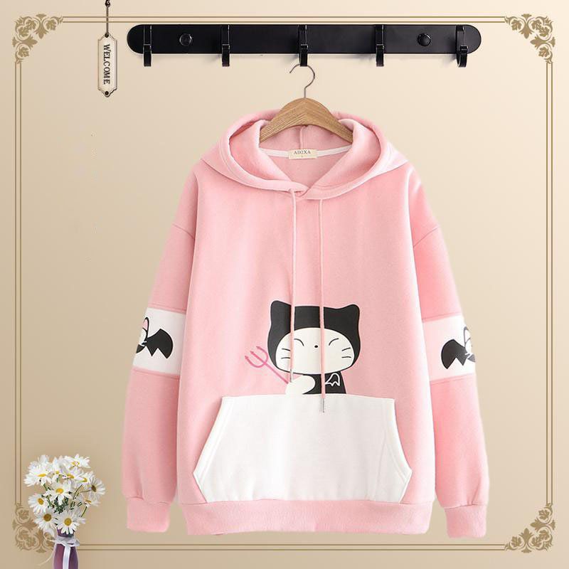 Good Quality Women Cute Bat Cat Printed Cotton Hoodie For Winter