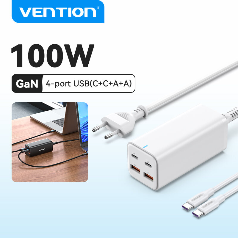 Vention 100W GaN Charger fast Charger Type C Adapter iphone Four ports fast charging  2USB-C + 2USB-A Charger Macbook Samsung Xiaomi Huawei Vivo Charger Adapter USB Plug Socket USB C Adapter Quick PD Charger. 