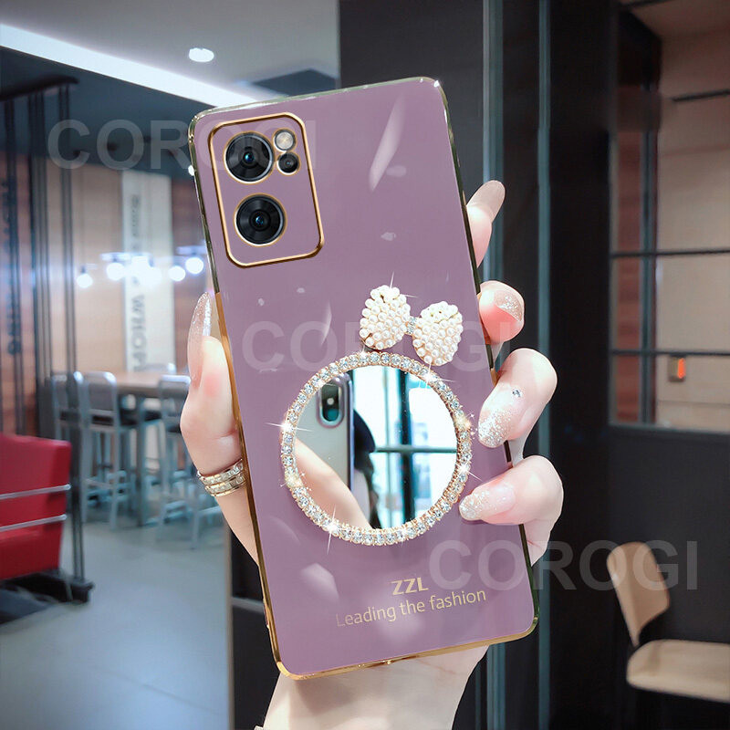 For OnePlus Nord CE 2 5G / Nord CE 2 Lite 5G Back Cover with Bowknot Mirror Luxury 6D Plating Square Bumper Girls Makeup Casing Shiny Soft Silicone Full Camera Protection Pouch