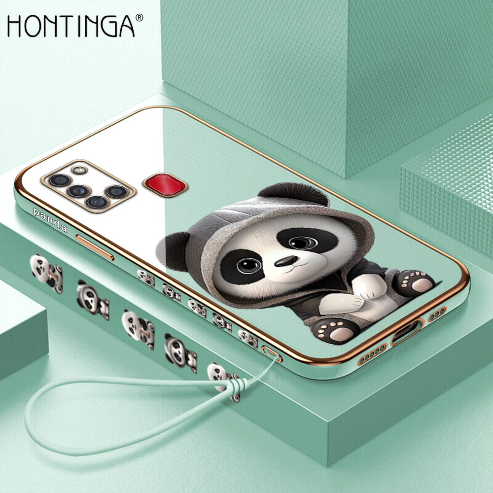 Hontinga for Samsung Galaxy A21S Back Cover With Free Strap Luxury 6D Plating Cute Panda Side Pattern Case Soft Silicone Square Mobile Cover