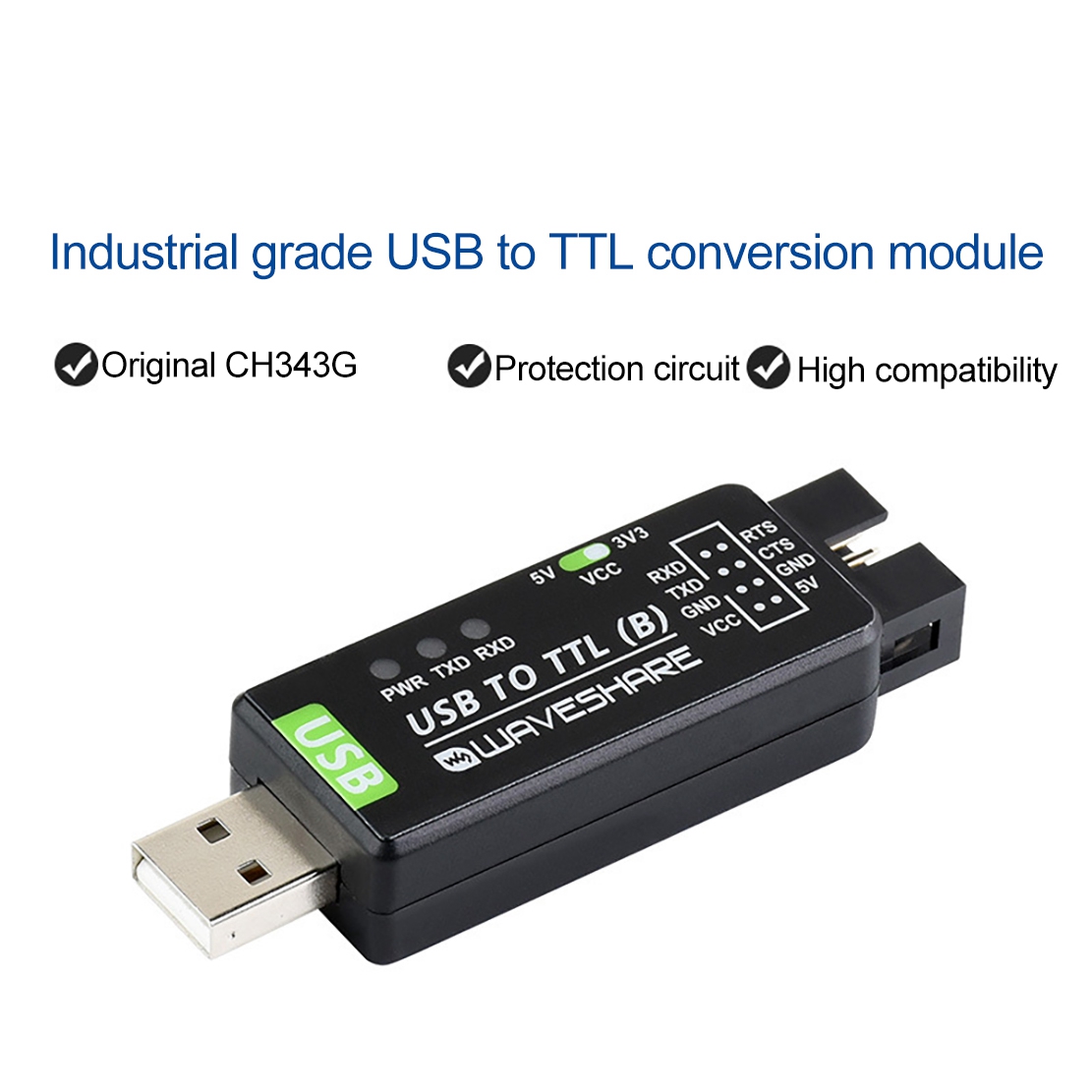 Waveshare Industrial Grade USB to TTL Converter CH343G Serial Port Conversion Support 5V/3.3V Level Conversion Circuit. 