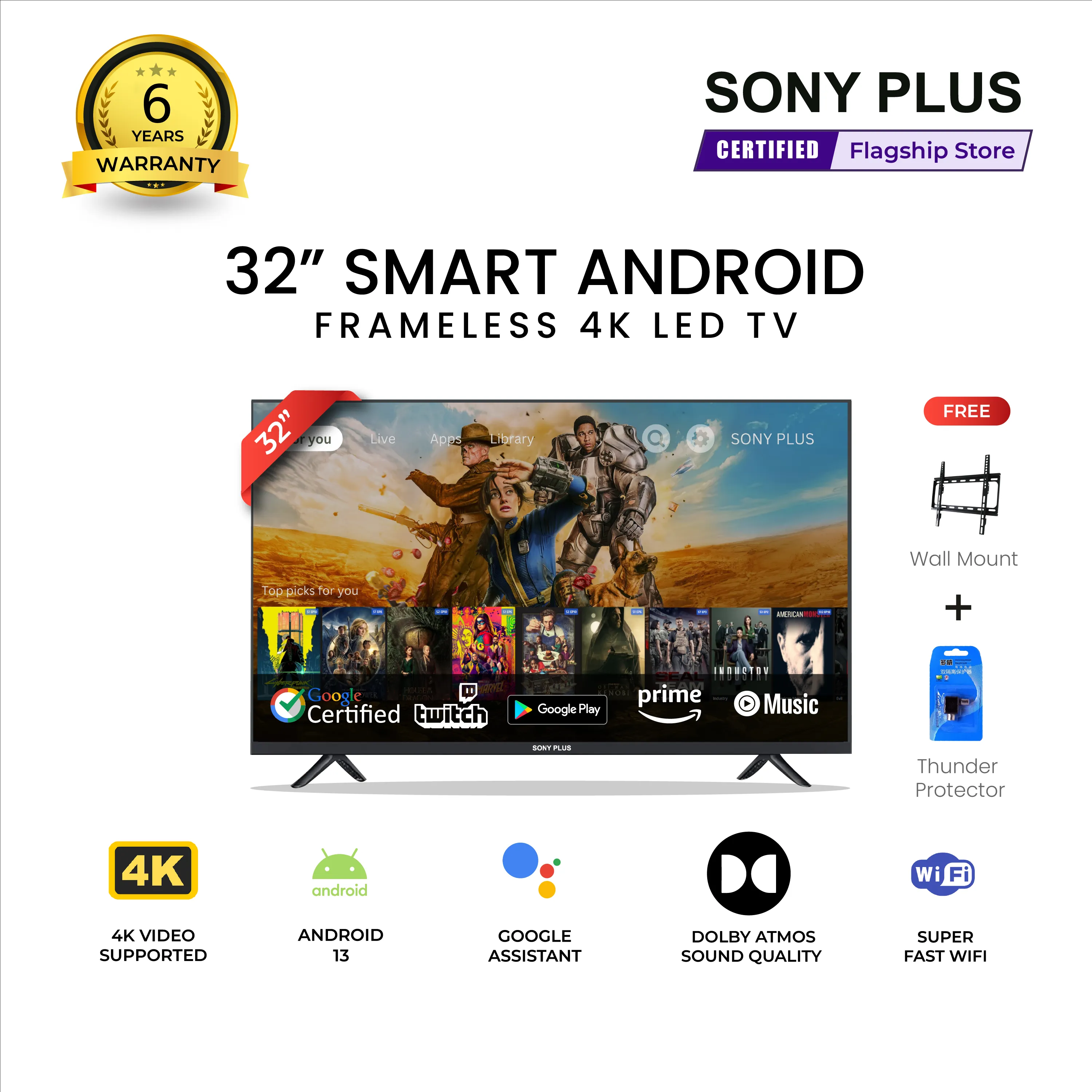 Sony Plus 32 inch Frameless Smart Android LED TV Full HD 4K Supported Television