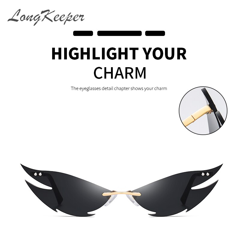 【happy one】C3 black silverLongKeeper 2020 Punk Style Sharp Shape Sunglasses Fashion Rimless Cat Eye Sun Glasses oculos feminino. 