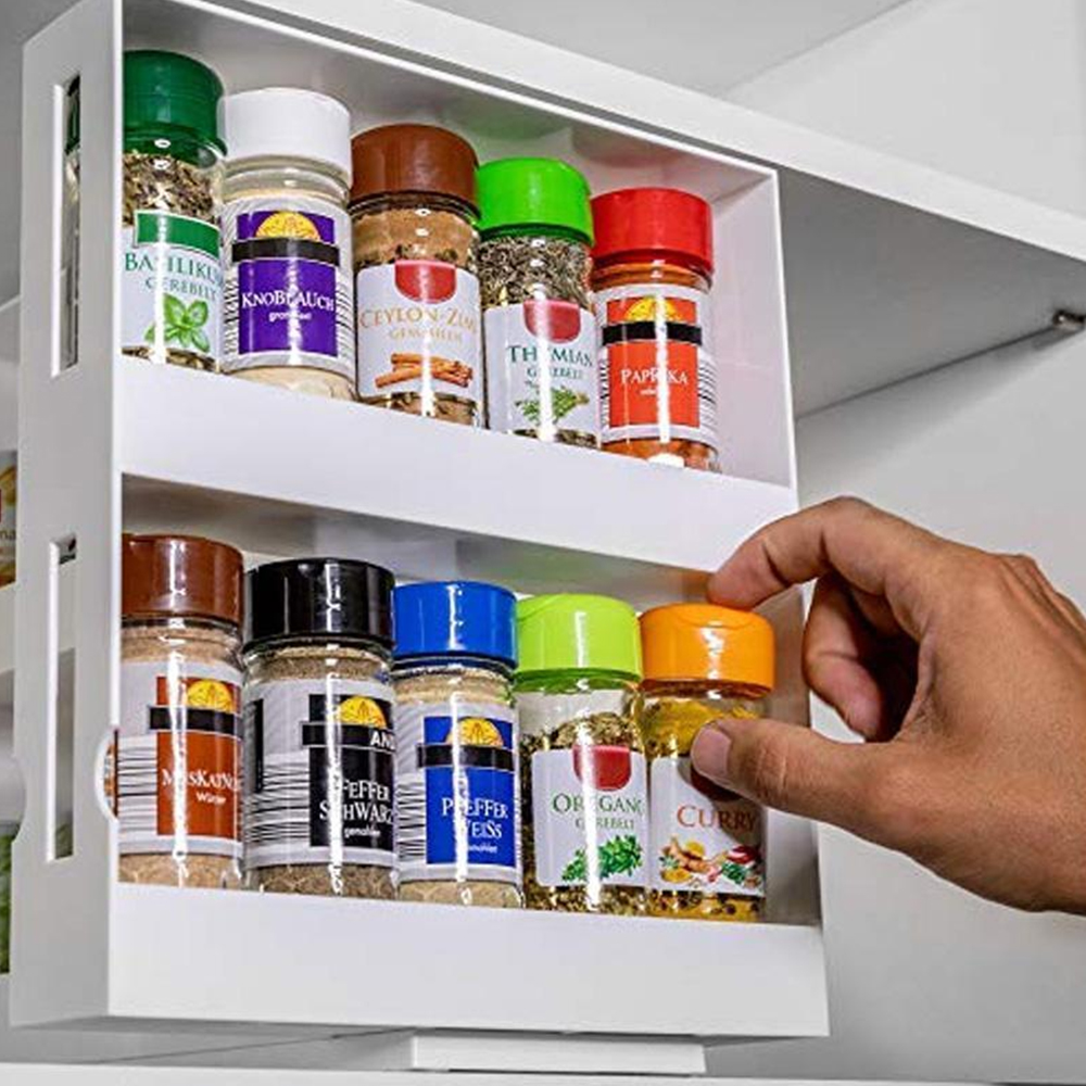 Cabinet Caddy (white)- Modular Rotating Spice Rack Organizer, Two 2-Tiered Shelves, Non-Skid Base. 