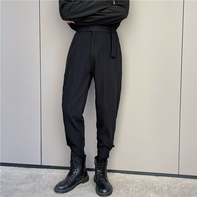Korean Style Chic Harem Pants Men Solid Black White Man Trouser with Belt Spring Summer Tapered Ankle Length Casual Pant Quality. 