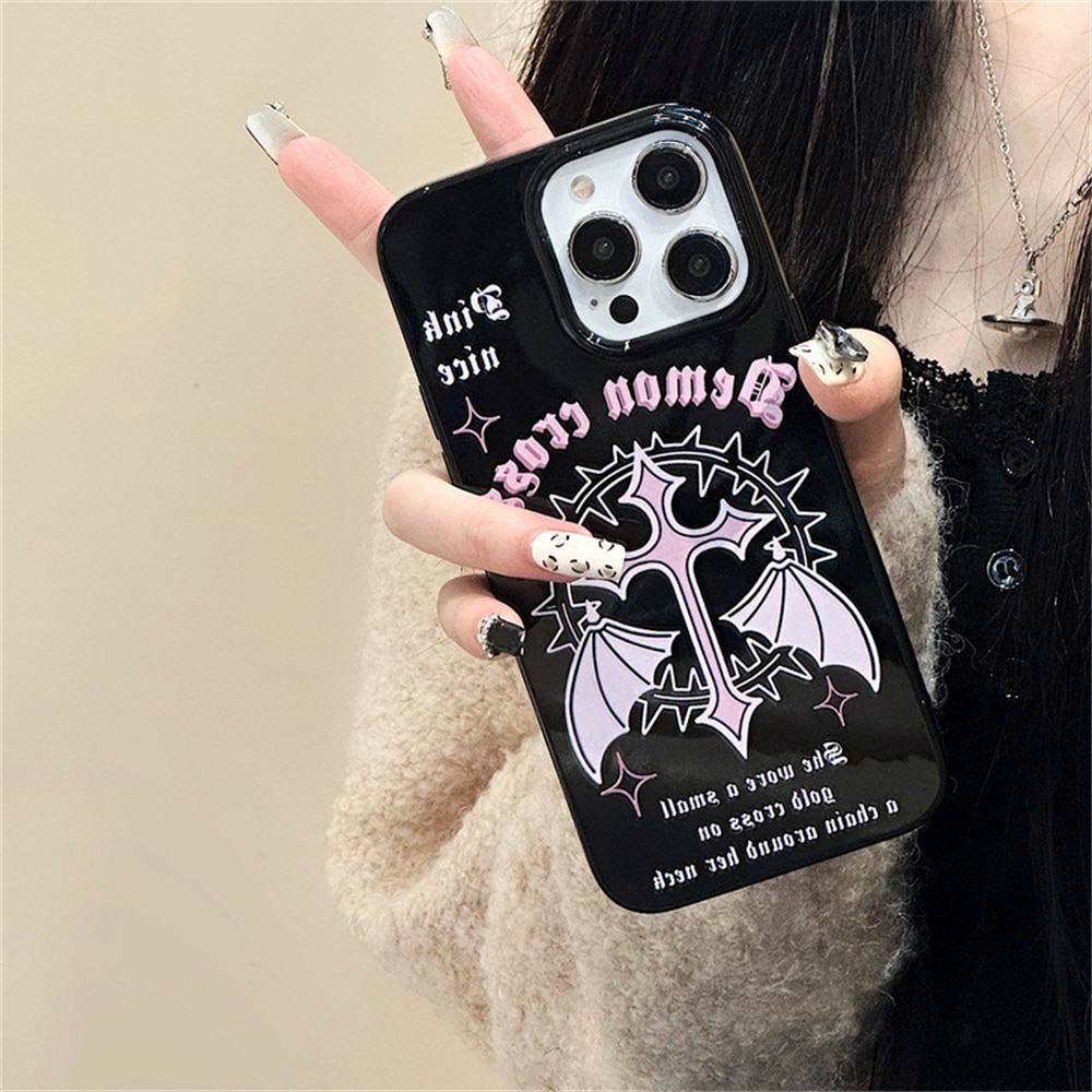 Y2k Korean Cute Pink Wings Case For iPhone 15 14 13 12 11 Pro Max Mini X XR 7 8 Plus SE Glossy Shockproof Soft Black TPU Cover. 