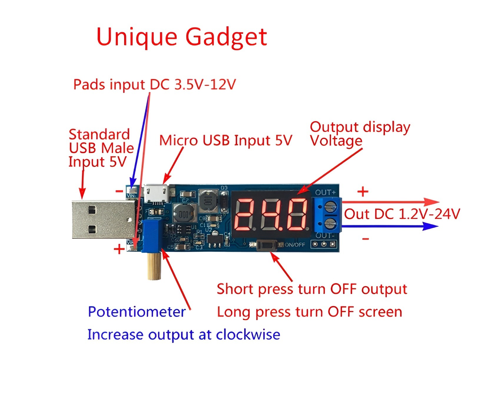 DC-DC 5V to 1.2-24V USB Step-up Step-Down Adjustable Power Supply Module Boost Buck Converter - Versatile Power Supply Module with Adjustable Output. 