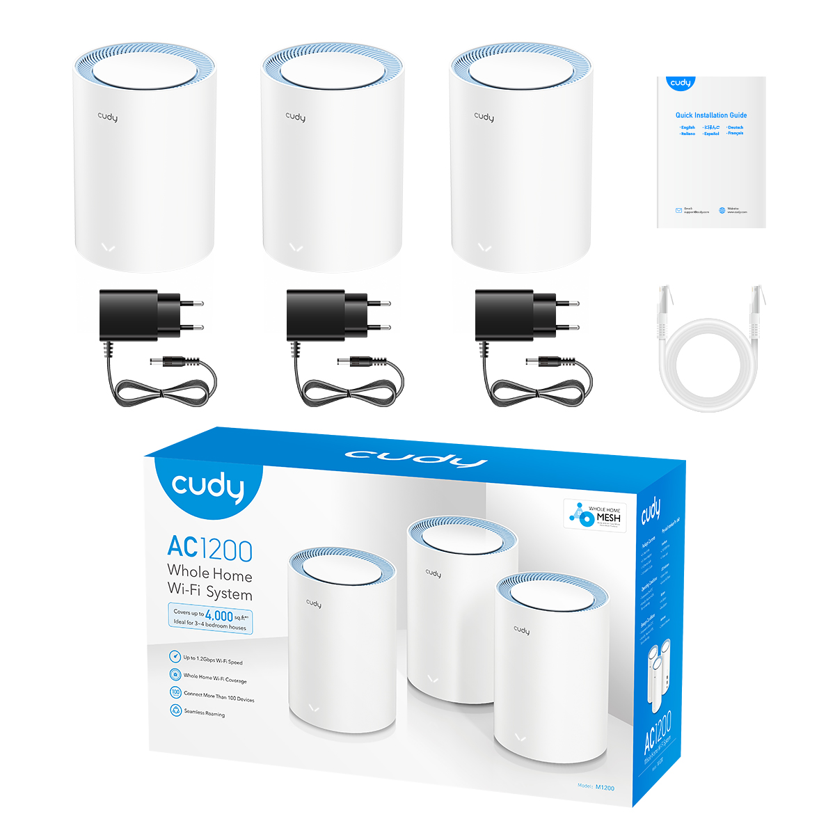 CUDY M1200 (3-Pack) AC1200 Dual Band Whole Home Wi-Fi Mesh Router. 