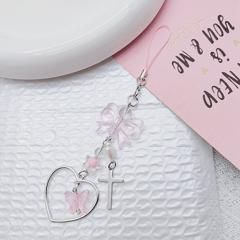 Japanese and Korean ins, Harajuku beads, goo, this chain, card album, hanging chain, pink girl's heart, bow, love mobile phone chain