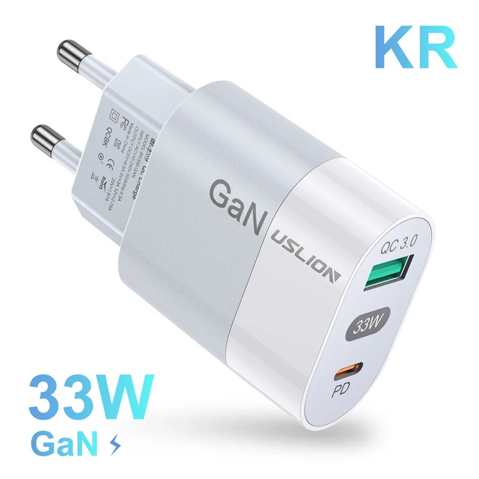 USLION Korea Plug USB C Charger 33W GaN Type C PD Fast Charging For iPhone 15 14 13 12 11 Pro Max For iPad Pro Air iPad Samsung. 