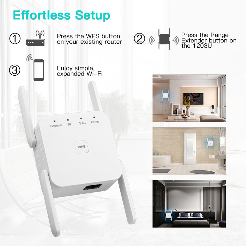 5Ghz AC1200 WiFi 1200Mbps Router WiFi Extender Amplifier 2.4G/5GHz Wi-Fi Signal Booster Long Range Network Access Point. 