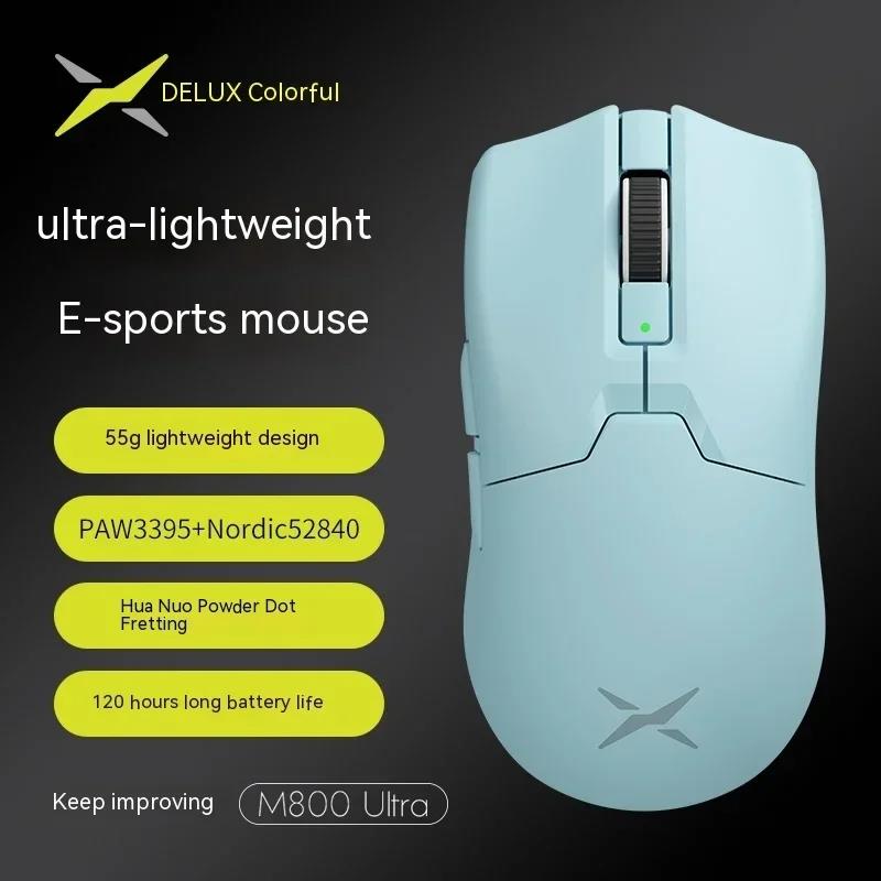 DELUX M800 Ultra Gaming Mouse PAW3395 600IPS Nordic52840 49g Lightweight Bluetooth 2.4g Three Mode Wireless Ergonomic FPS Mice. 