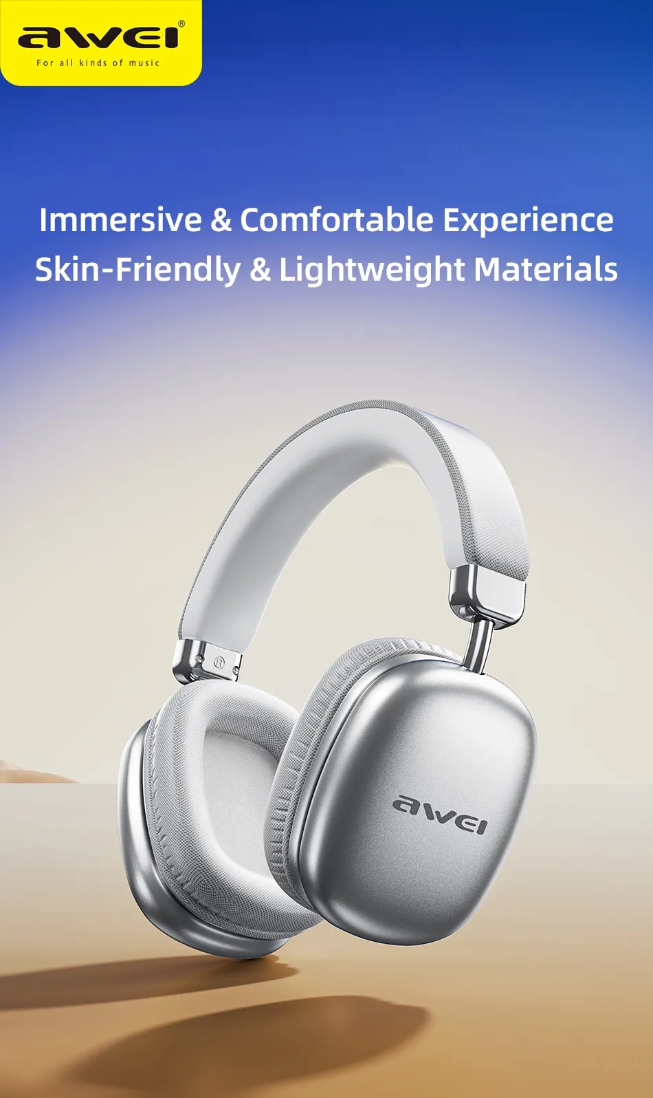 Awei AT7 True Wireless Hifi Overhead Earphone with 70hour music playback Time