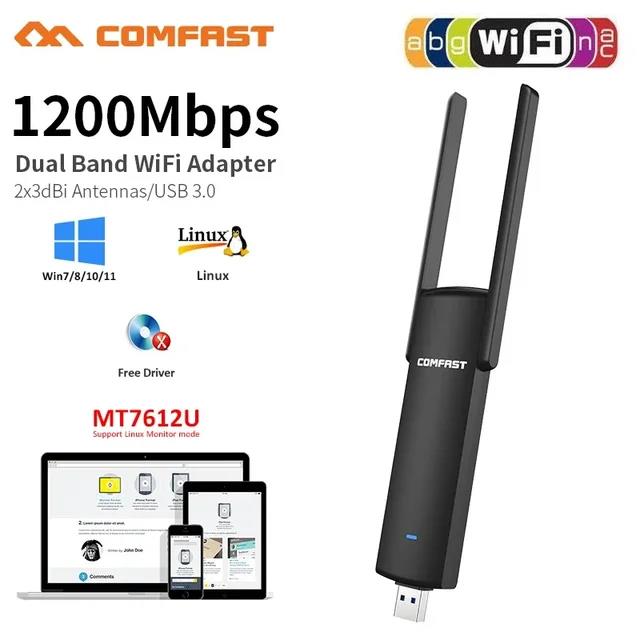 1200Mbps 5Ghz 2.4Ghz USB 3.0 Wifi Adapter Dual Band MT7612U Wi Fi Antenna Dongle LAN Adaptador Windows /Linux Desktop/Laptop/PC. 
