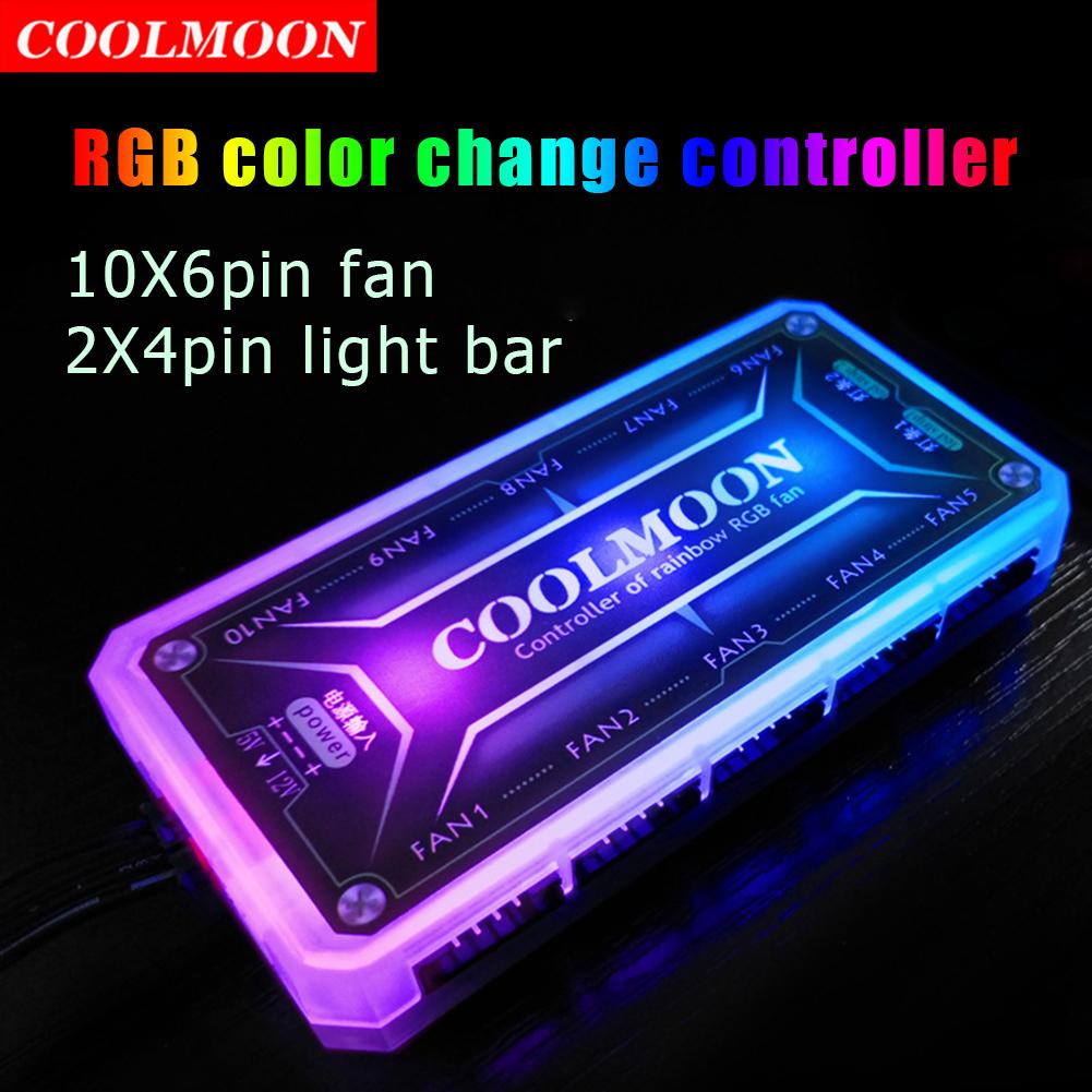 Group Vertical Coolmoon RGB Remote Controller Dc12v 5a Led Smart Fan Controller With 10pcs 6-pin Fan Ports 2pcs 4-pin Light Bar Ports. 