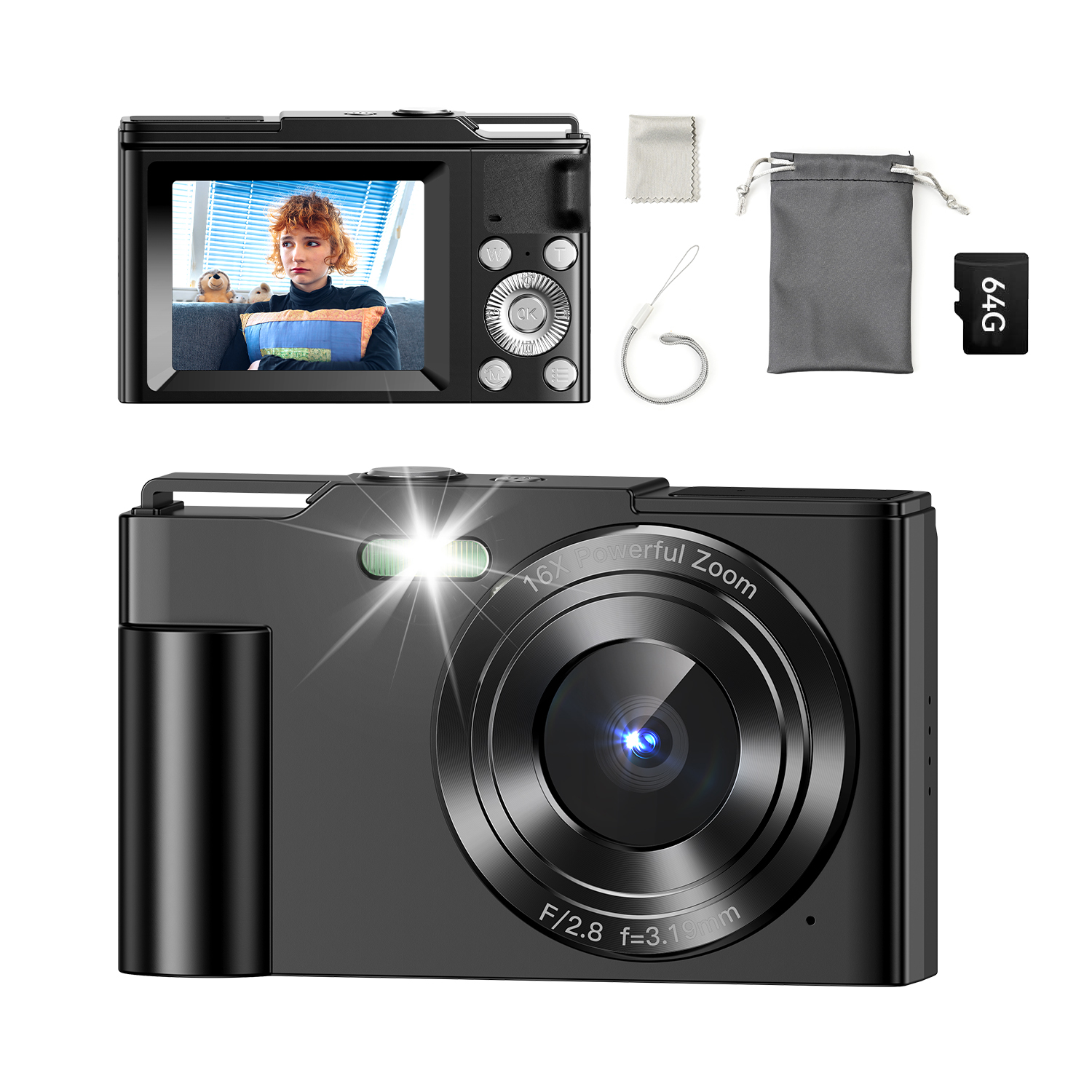 Digital Camera With Card 16X Zoom Anti Shake Compact Small Camera 1080P Vido Photography for StuPerfect Birthday Gift