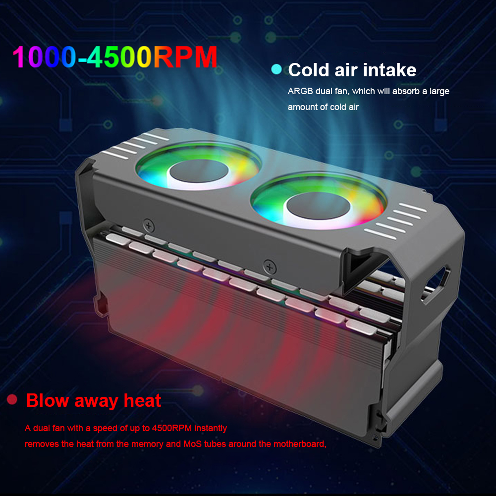 RAM Memory Cooler 4Pin PWM/5V 3Pin ARGB PC Memory Cooling Radiator 1000-4500+RPM with Dual 120mm Fan for DDR4 DDR5. 