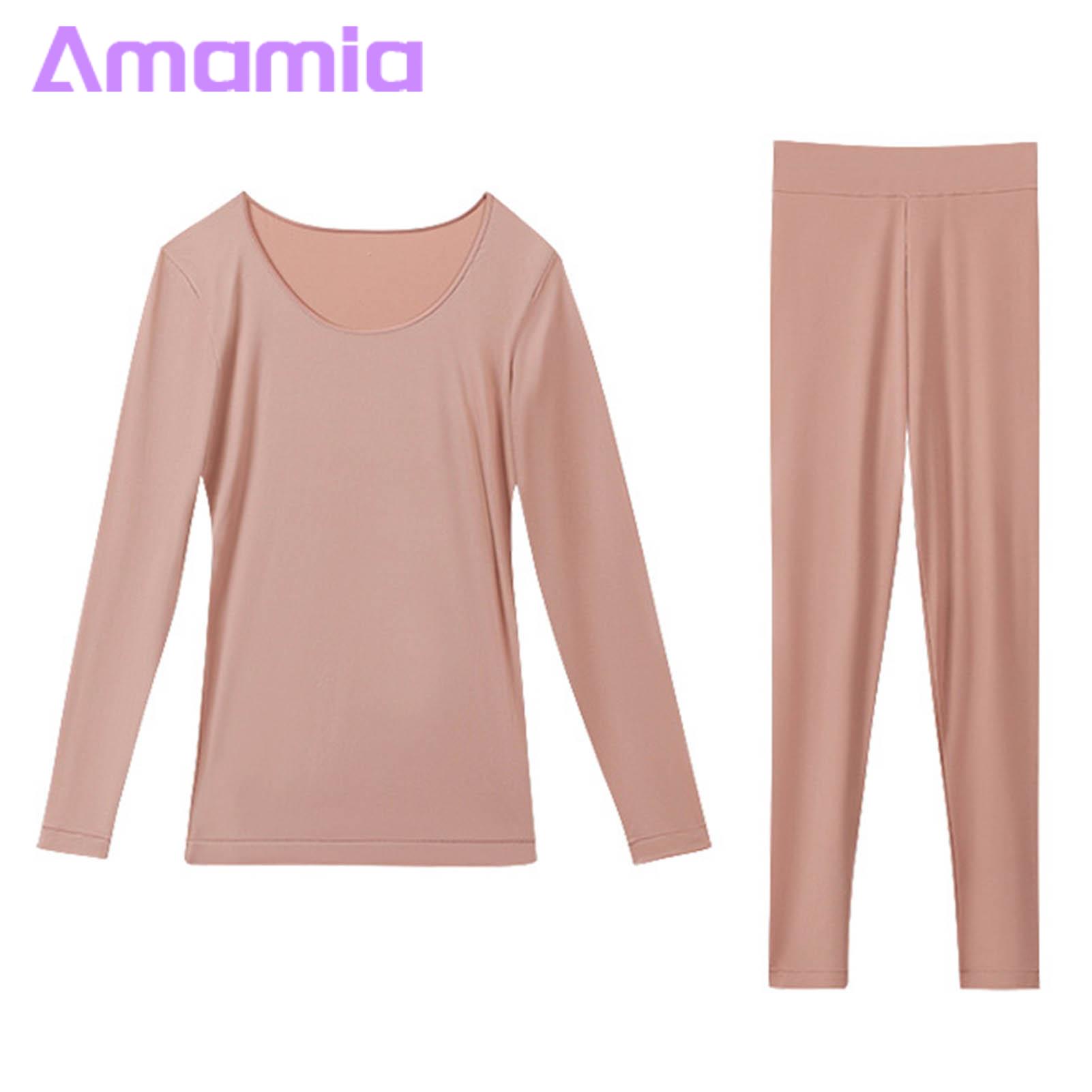 Winter Loungewear 2 Pcs Winter Women Thermal Underwear Set Round Neck Seamless Long Sleeve Warm Slim Fit High Elastic Cold Weather Pajamas Homewear Sleepwear Thermal Clothing Set