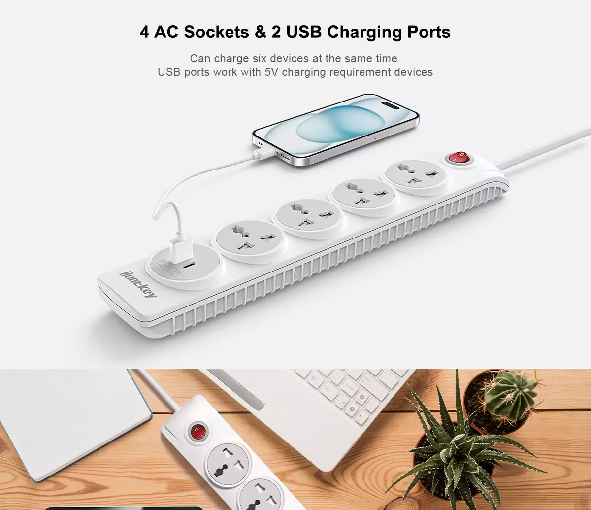Huntkey SZN507 6Port (4 Port + 2 USB Port -3y Warranty) 3meter Copper Bar Universal Power Strip/Multiplug. 