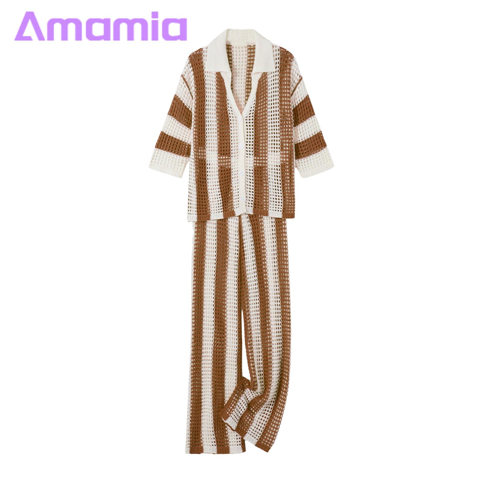 Women Shirt Pants Set Boho Chic Knit Shirt Pants Set for Women V Neck Blouse with Wide Leg Trousers Perfect Beach Outfit 2 Pcs/set Wide Leg Trousers Set