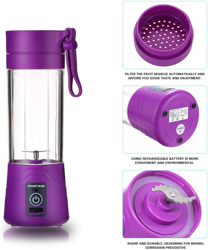 Portable Blender, Smoothie Juicer Cup - Six Blades in 3D,13oz Fruit Mixing Machine with 1500mAh USB Rechargeable Batteries, Detachable Cup Multicolor. 
