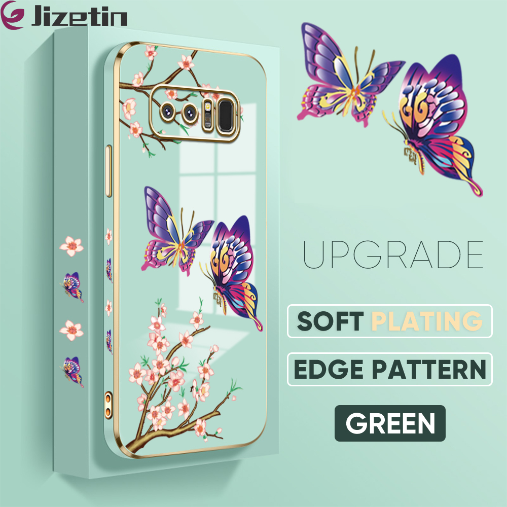 Jizetin (Free Lanyard) for Samsung Note8 Back Cover Peach Blossom and Butterfly Luxury 6D Plating Case Side Pattern Soft Silicone Square Mobile Phone Cases