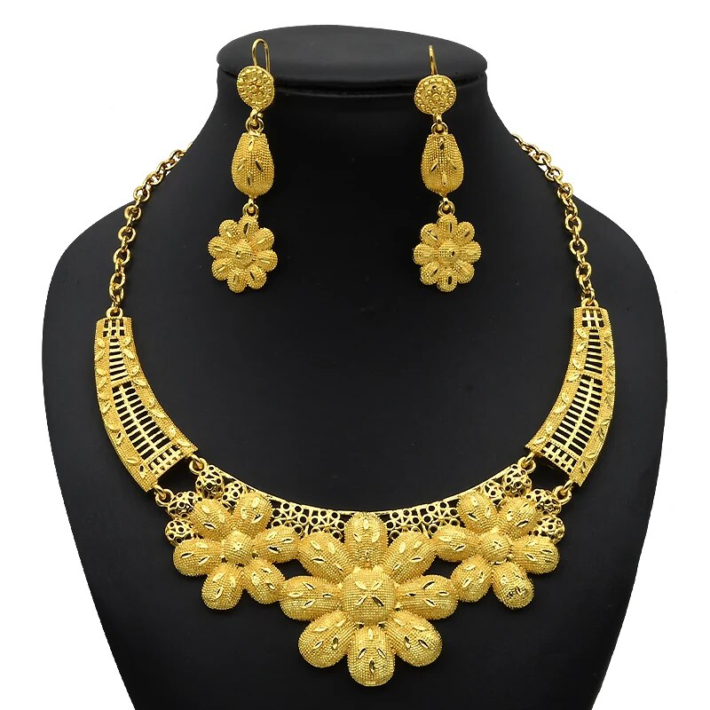 Indian Gold Plated Jewelry Set For Women African Bridal 24K Gold Color Necklace Earrings Set Dubai Nigerian Wedding Wholesale. 