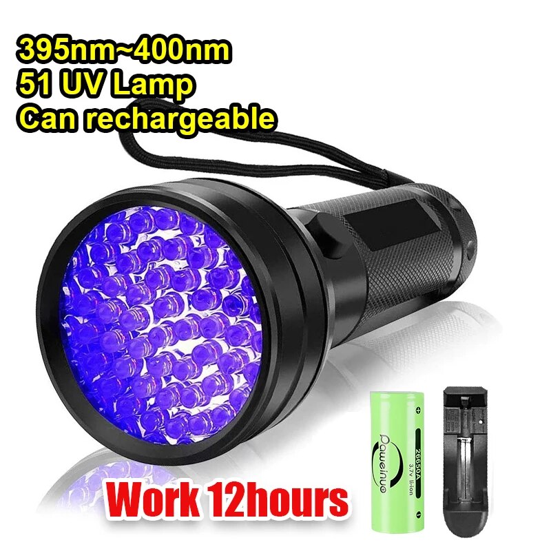 365nm 395nm UV Flashlight Rechargeable Ultraviolet Torch Use 12 Hours UV Lamp Black Light For Manicure Pet Urine Stains Examine