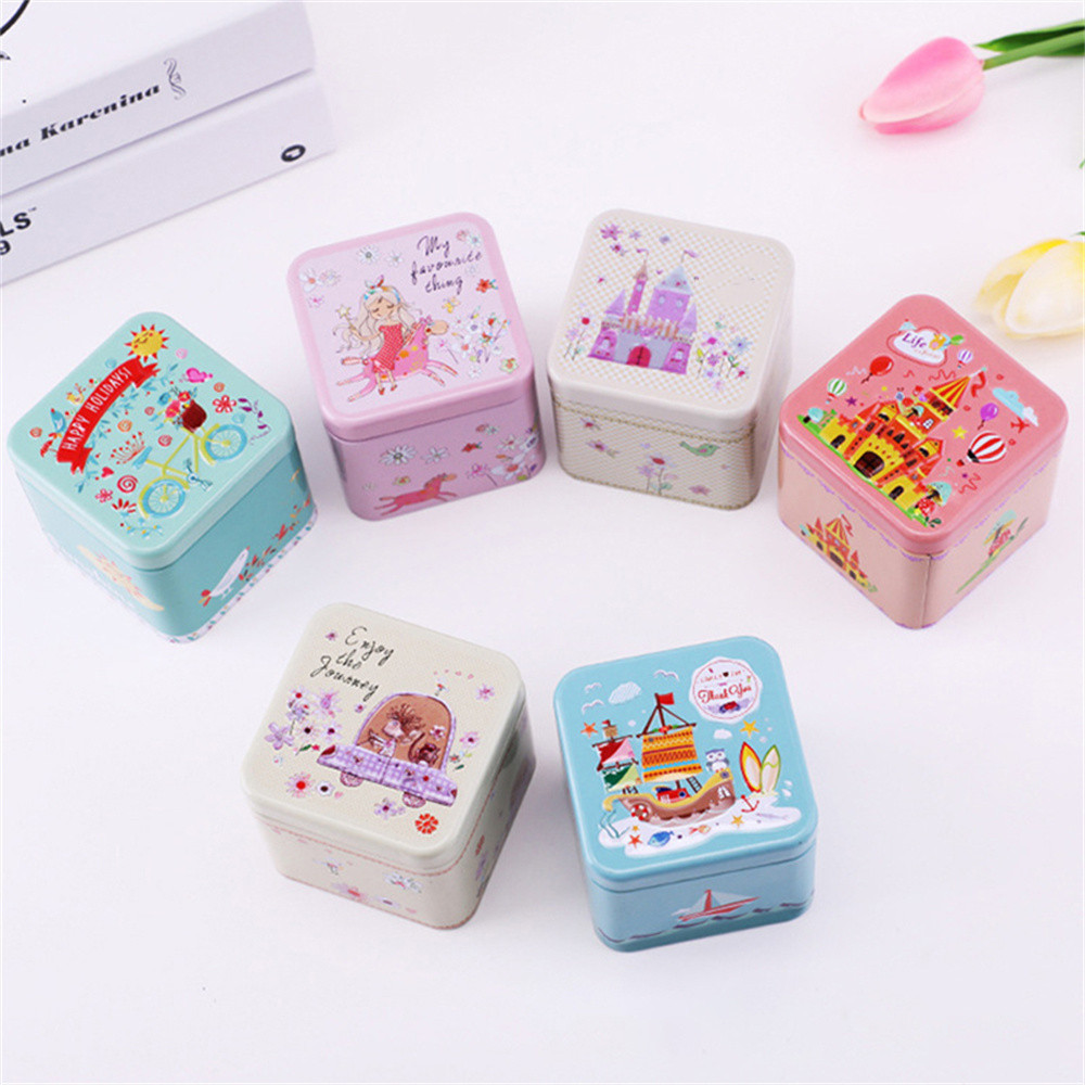 Square shape Cartoon tin box Cute Various colors Miniature design Mini storage can Small size Tin material Colorful jewelry box. 