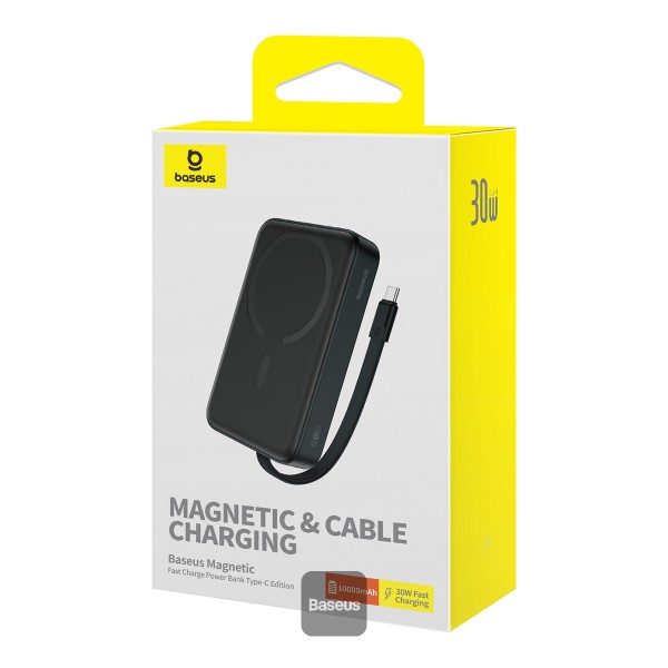 Baseus 10000mAh Magnetic Mini Wireless Fast Charge Power Bank 30W With Built-In Type-C Cable. 