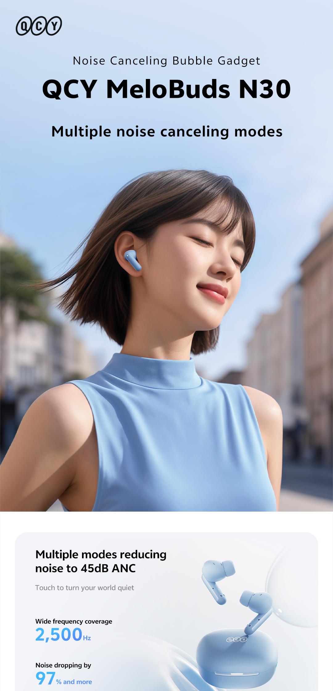 QCY MeloBuds N30 (HT16) 45dB ANC Earbuds, Dual Device Connection Mode, Ai Noice Cancelling for calling. 