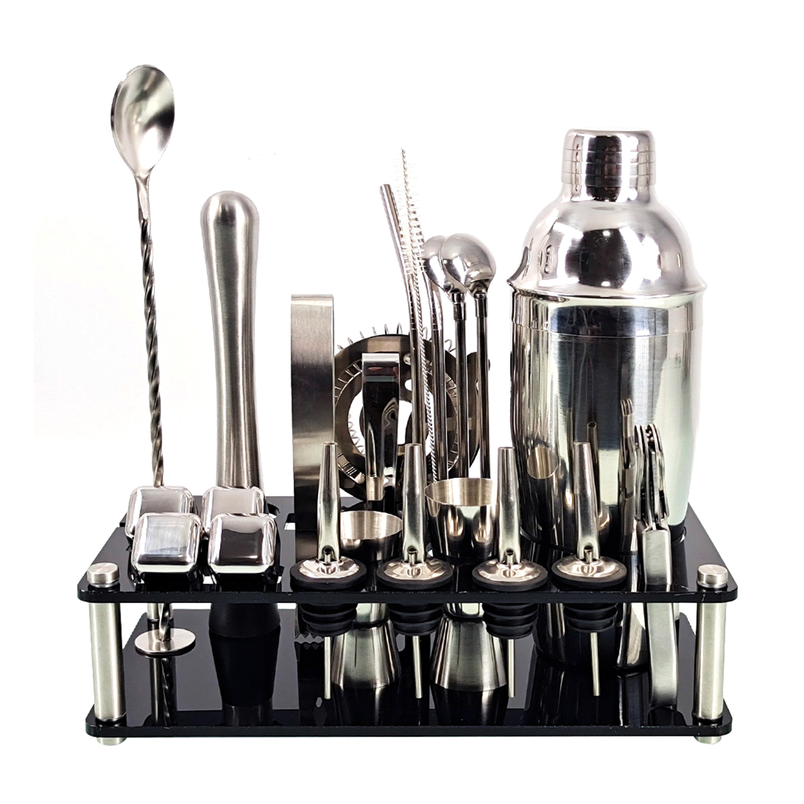 23Pcs/Set Bartender Kit Professional Versatility Stainless Steel Martini Cocktail Shaker with Stand Bar Accessories. 