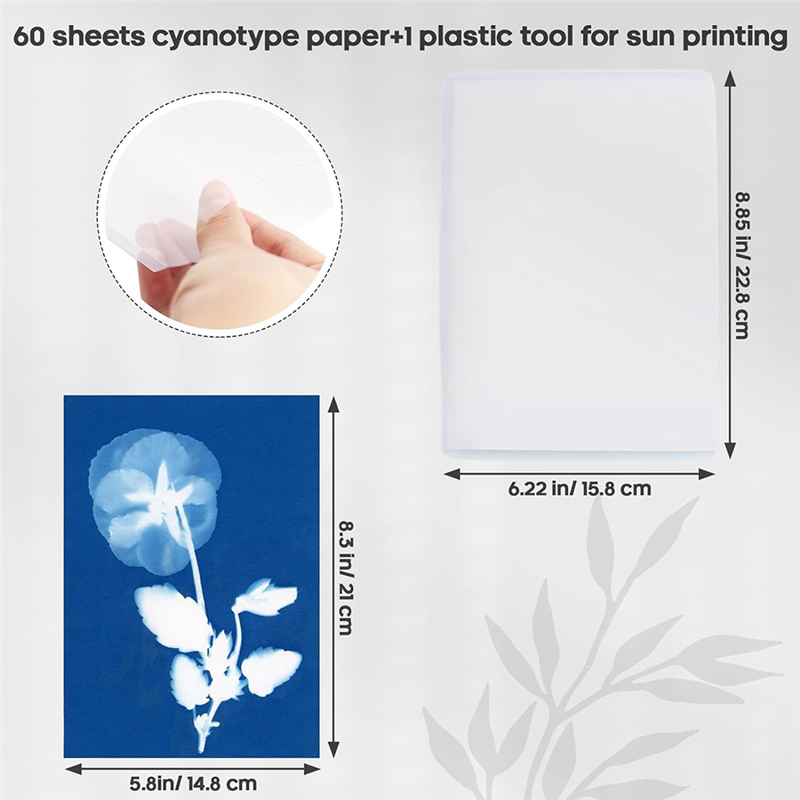 60 Sheets Sun Print Paper Cyanotype Paper Kit, A6 Sun Art Paper with 1 Plastic Tool for Sun Printing, Solar Paper. 