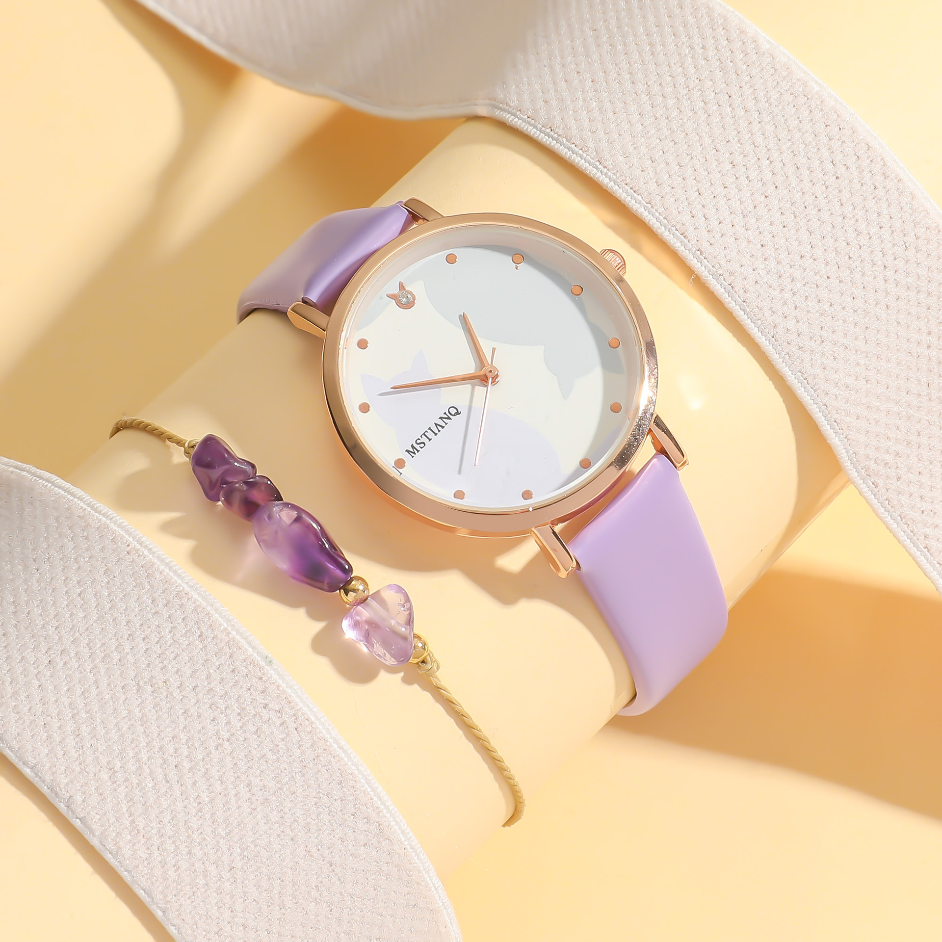 New Fresh All-Matching Simple Style Purple Belt Cat Watch Beaded Bracelet Suit Women Student
