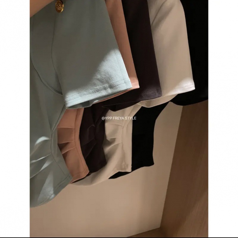 Squeezing Toy Waist-Tight Style Makes Me Look Slimmer / round Neck Shoulder Style Solid Color Versatile Top T T-shirt Outer Wear. 