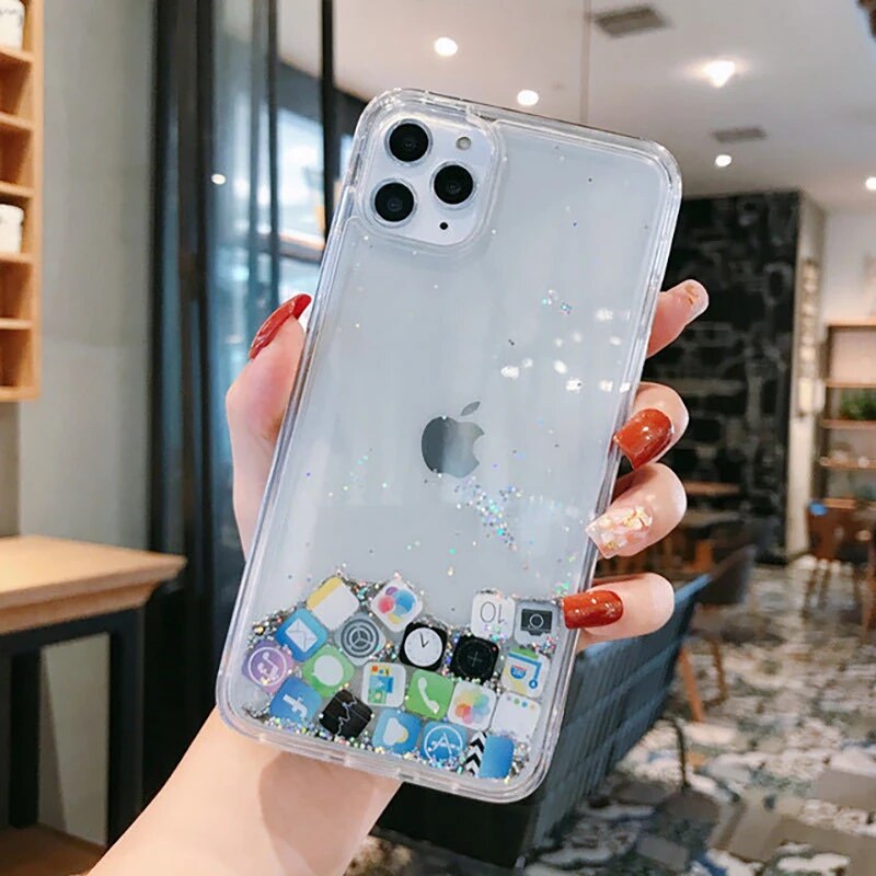 Dynamic Quicksand phone Case for iphone 14 13 12 11 Pro Max 6s 7 8 Plus X XR XS Max SE Cute Apps Icon Liquid Glitter Clear Cover. 