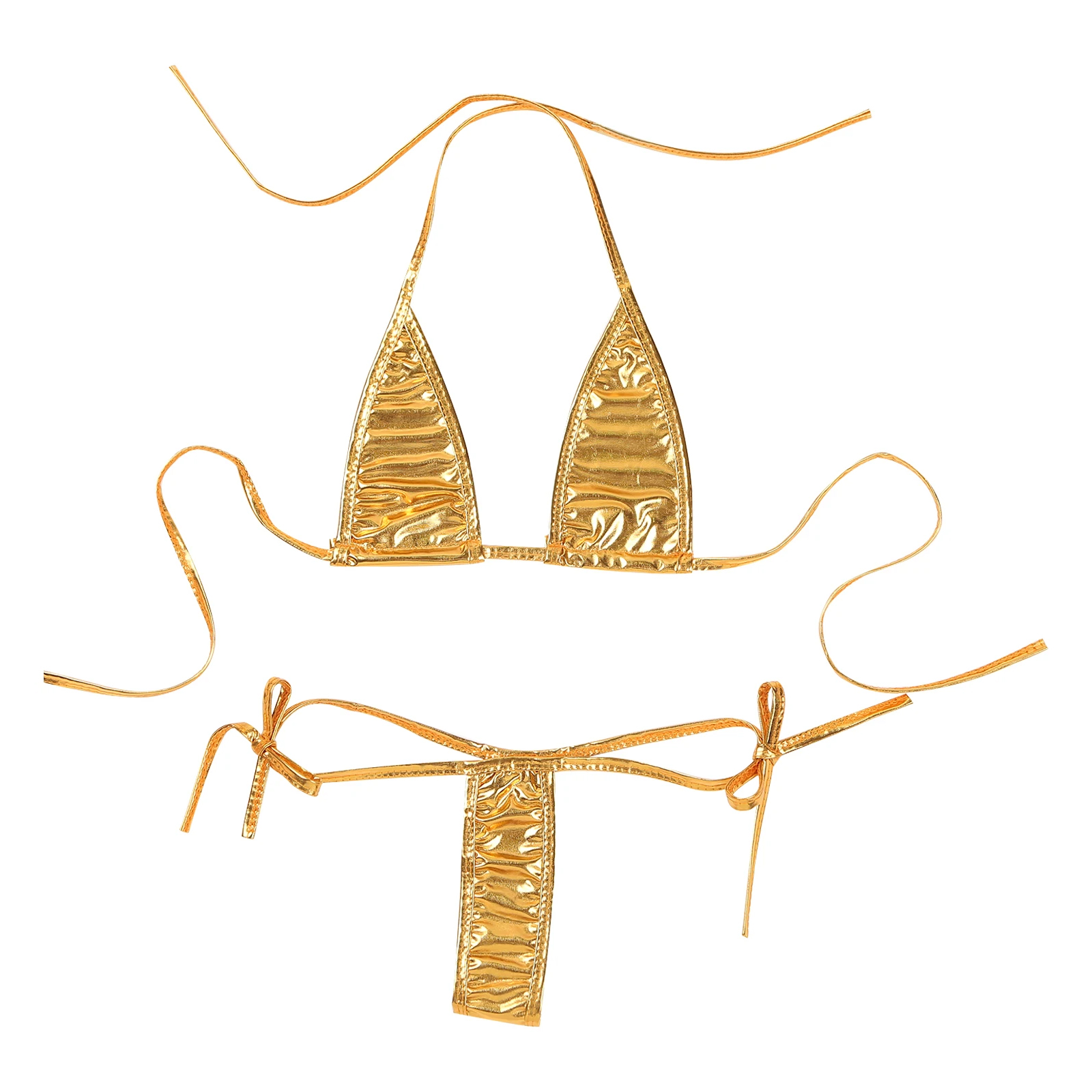 Womens Metallic Shiny Lacing Bikini Swimsuit Non-Padded Triangle Cup Bra Top with G-String Biquini Set - Golden. 