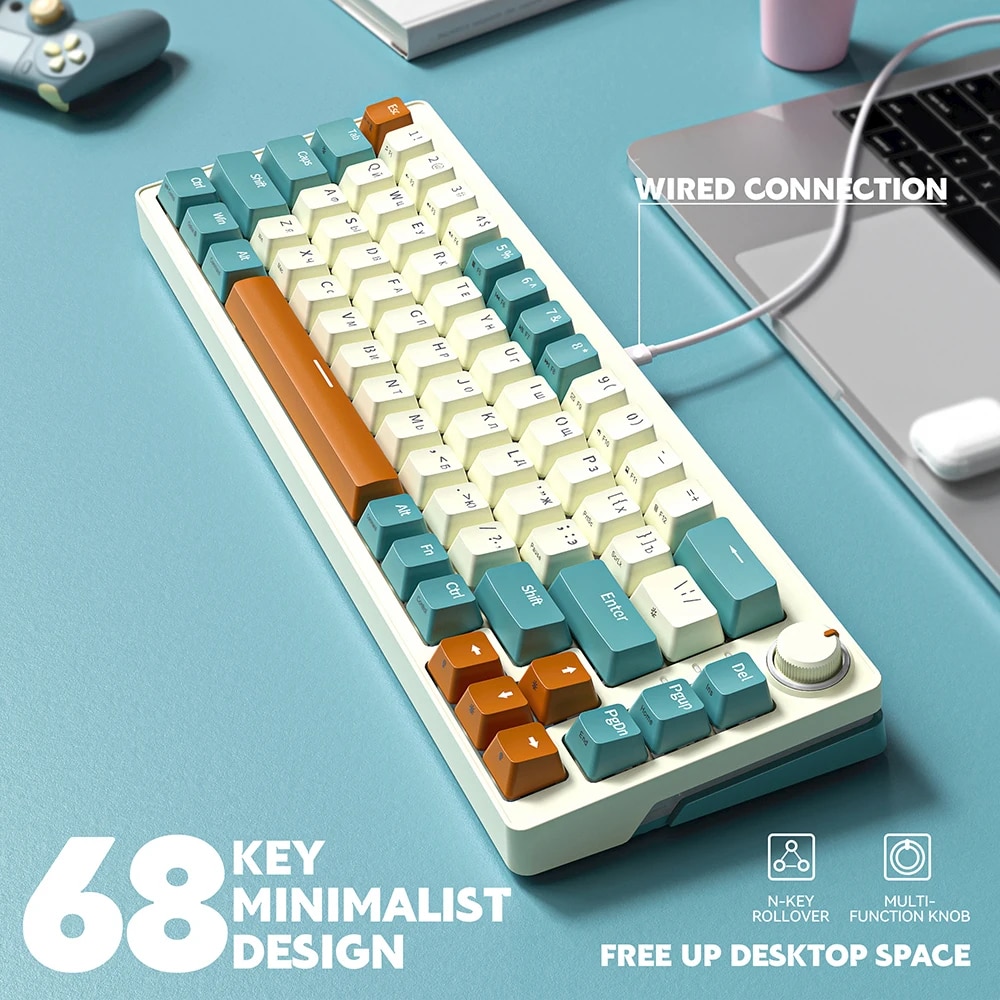 ZA68 Mini Gaming Mechanical Keyboard Wired Computer Keyboard RGB Backlit Knob light control Hot swappable 68 KeyS TYPE-C. 