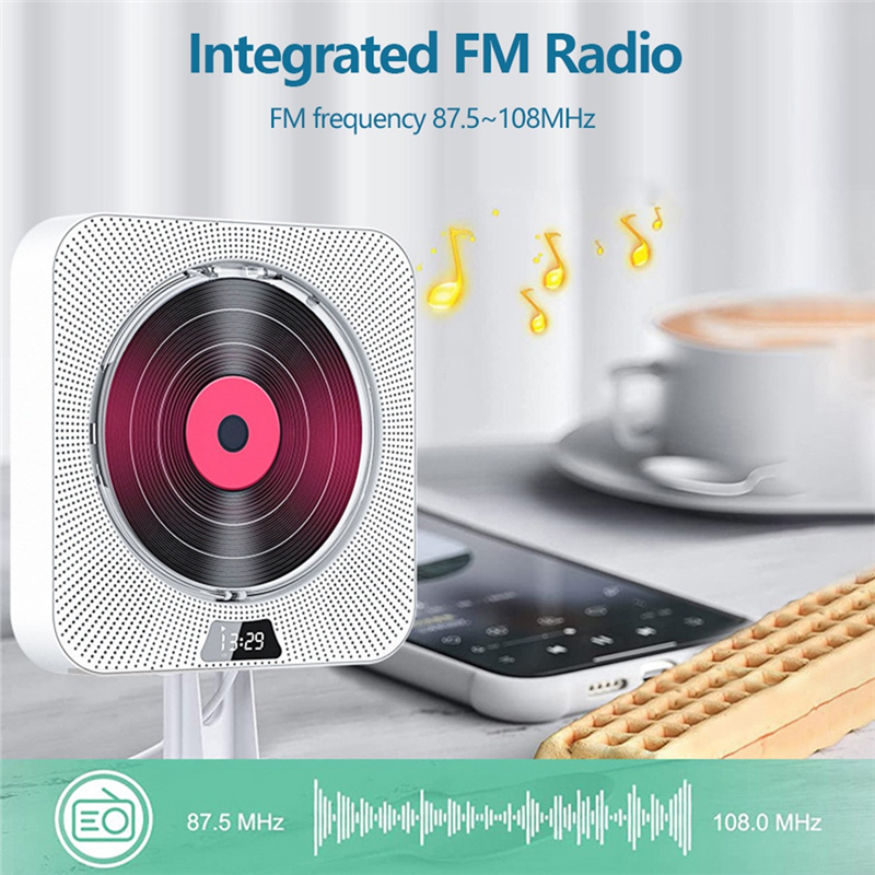 CD Player Wall Mounted FM Radio Bluetooth USB Disk Portable Portable Music Player Remote Control Stereo Speaker Simple to Use US Plug. 
