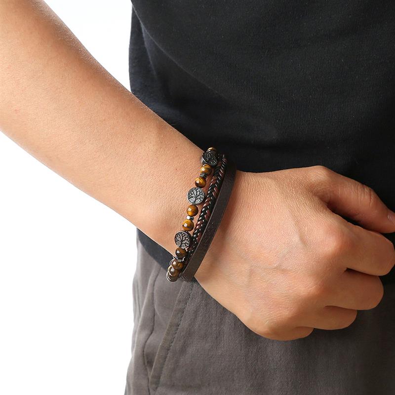 New Fashion Life Tree Leather Bracelet Men Classic Fashion Tiger Eye Beaded Multi Layer Leather Bracelet For Men Jewelry Gift. 