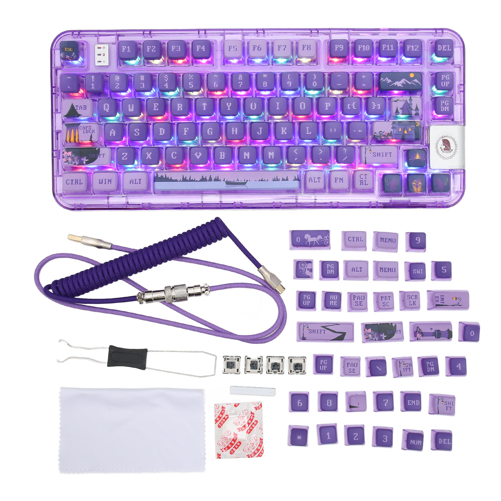 Mechanical Keyboard Purple Transparent Case 80 Keys Triple Modes Gasket Structure Gaming Keyboard for Office School Game. 