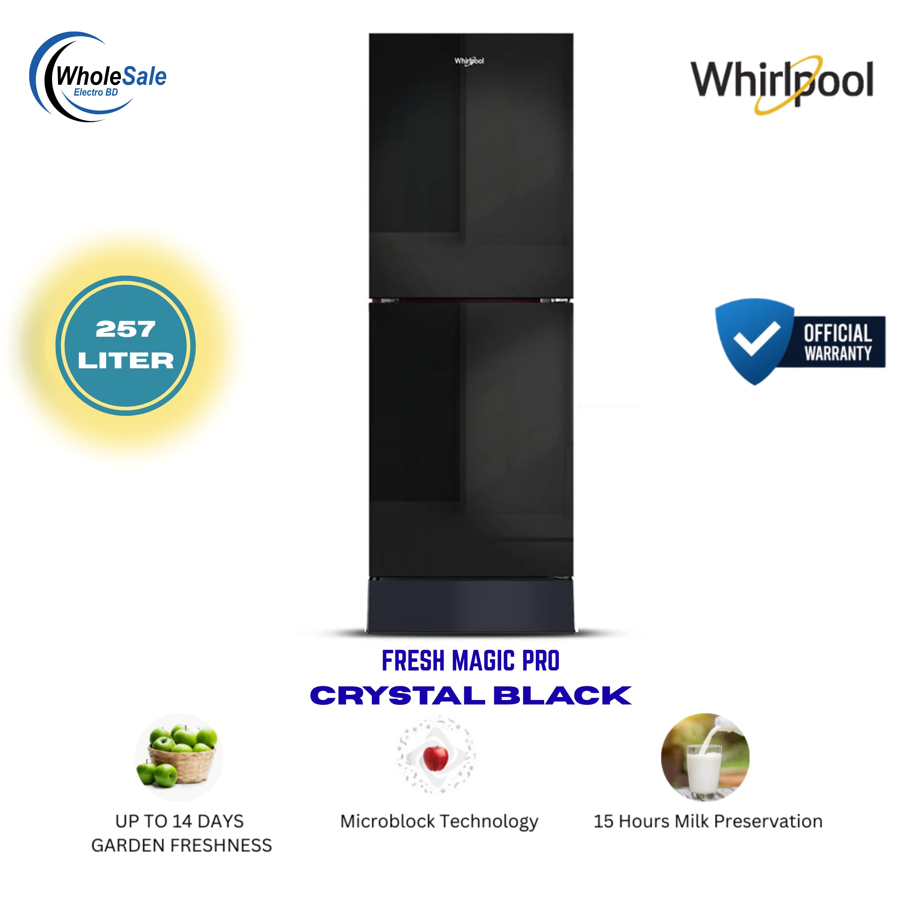 Whirlpool 257 Liter Fresh Magic Pro Crystal Black Refrigerator with official warranty